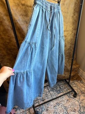 Tiered Wide-Leg Denim Skirt with Drawstring Waist - Light Blue